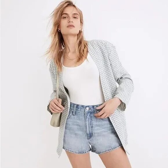 MADEWELL Womens XS Blue 100% Linen Collarless Blazer Gingham Check Jacket - Picture 2 of 16